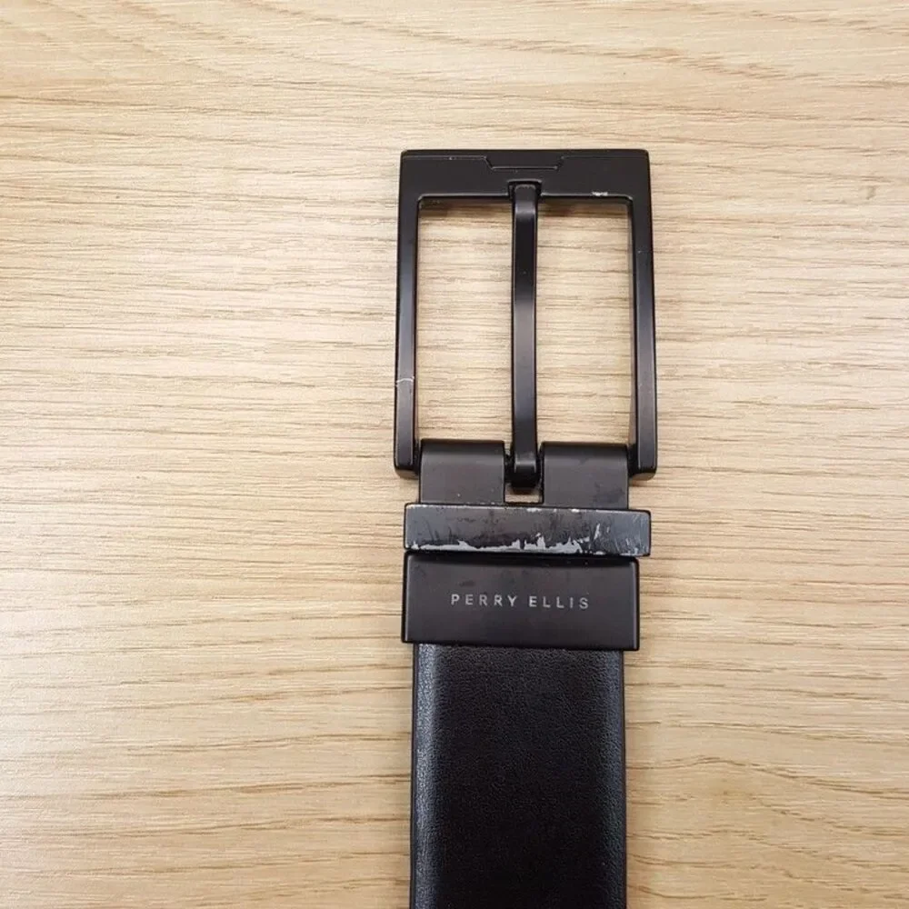 PERRY ELLIS Mens Belt Size 46 Brown Black Bonded Leather Reversible